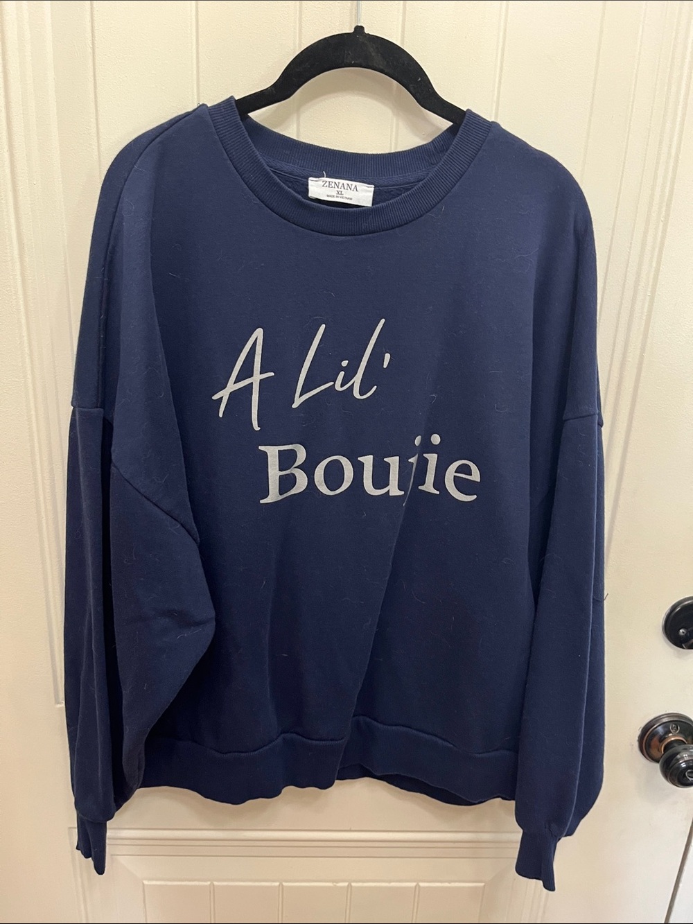 Zenana Outfitters Navy Blue "A Lil' Boujie" Graphic Sweatshirt